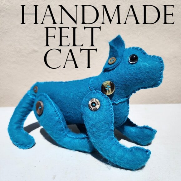 NEW Handmade Felt Cat Weighted Blue with Buttons Hand Sewn Craft Decor Stuffed A - Picture 1 of 14